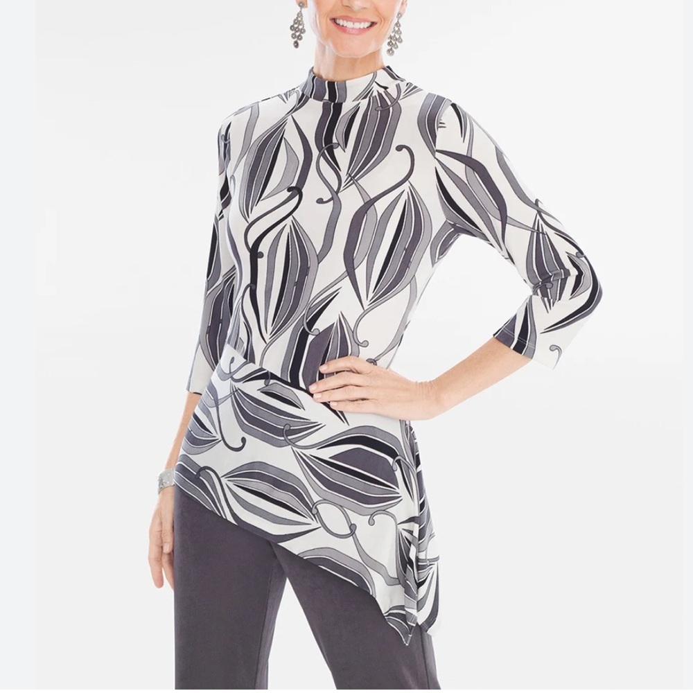 Chico's Travelers Classic Magnetic Deco Top XL Mock Neckline Asymmetrical Hem